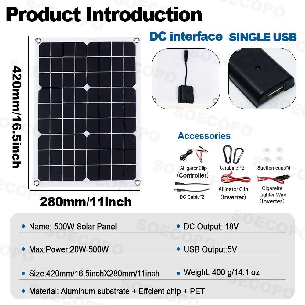 Panel solar flexible de 500 W para kit solar SOECOPO