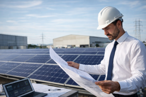 Ingeniero industrial revisando planos fotovoltaicos en planta solar comercial para consultoría energética B2B