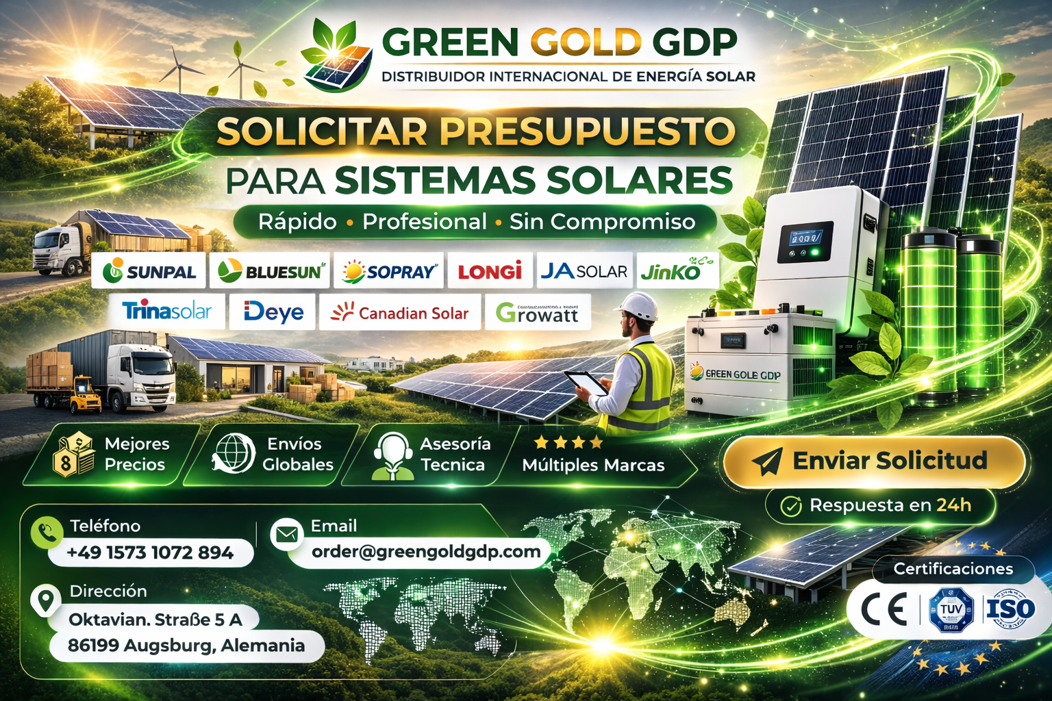 Solicitar presupuesto para sistemas solares con marcas SUNPAL, BLUESUN, SOPRAY y tecnología solar profesional en Alemania.