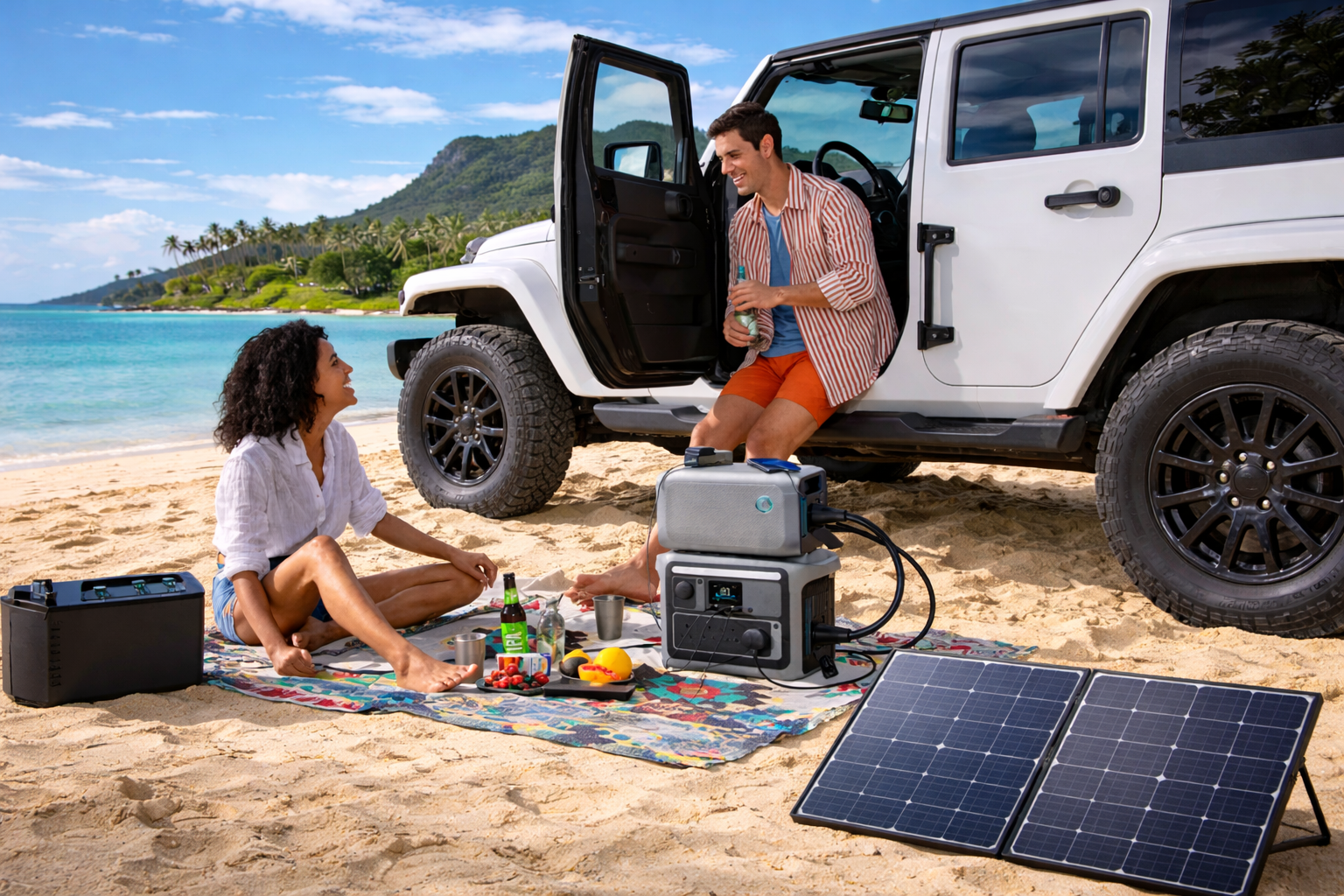 Estación de energía portátil con paneles solares y batería LiFePO4 en uso exterior para camping y emergencia
