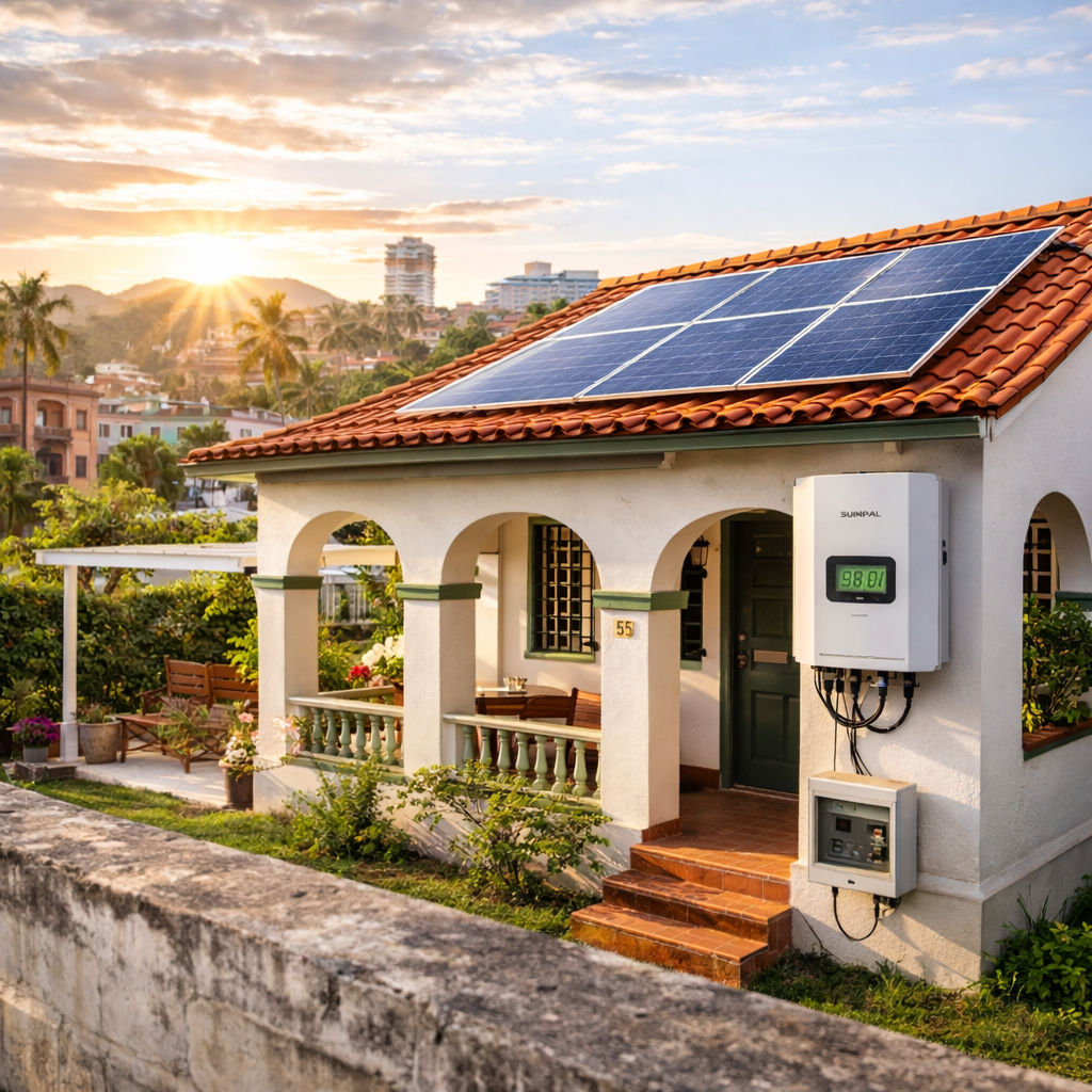Sistema solar residencial 1kW a 3kW instalado en vivienda europea con paneles solares, inversor y baterías