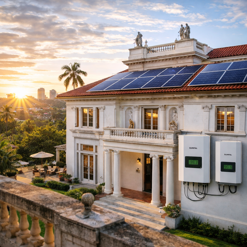 Sistema solar residencial 5kW a 15kW instalado en vivienda moderna europea con baterías e inversor solar
