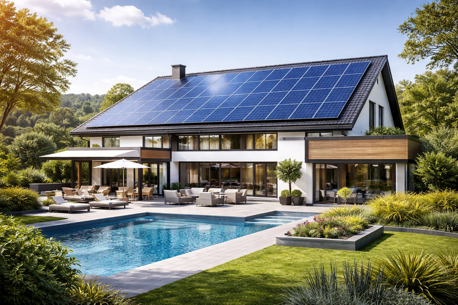 Sistema solar residencial 5kW a 15kW en vivienda moderna con paneles solares de alta eficiencia