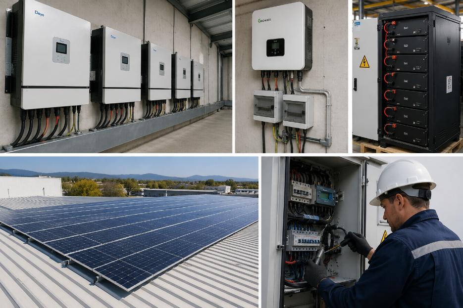 Sistemas solares industriales con inversores híbridos, baterías de almacenamiento energético y paneles fotovoltaicos para empresas