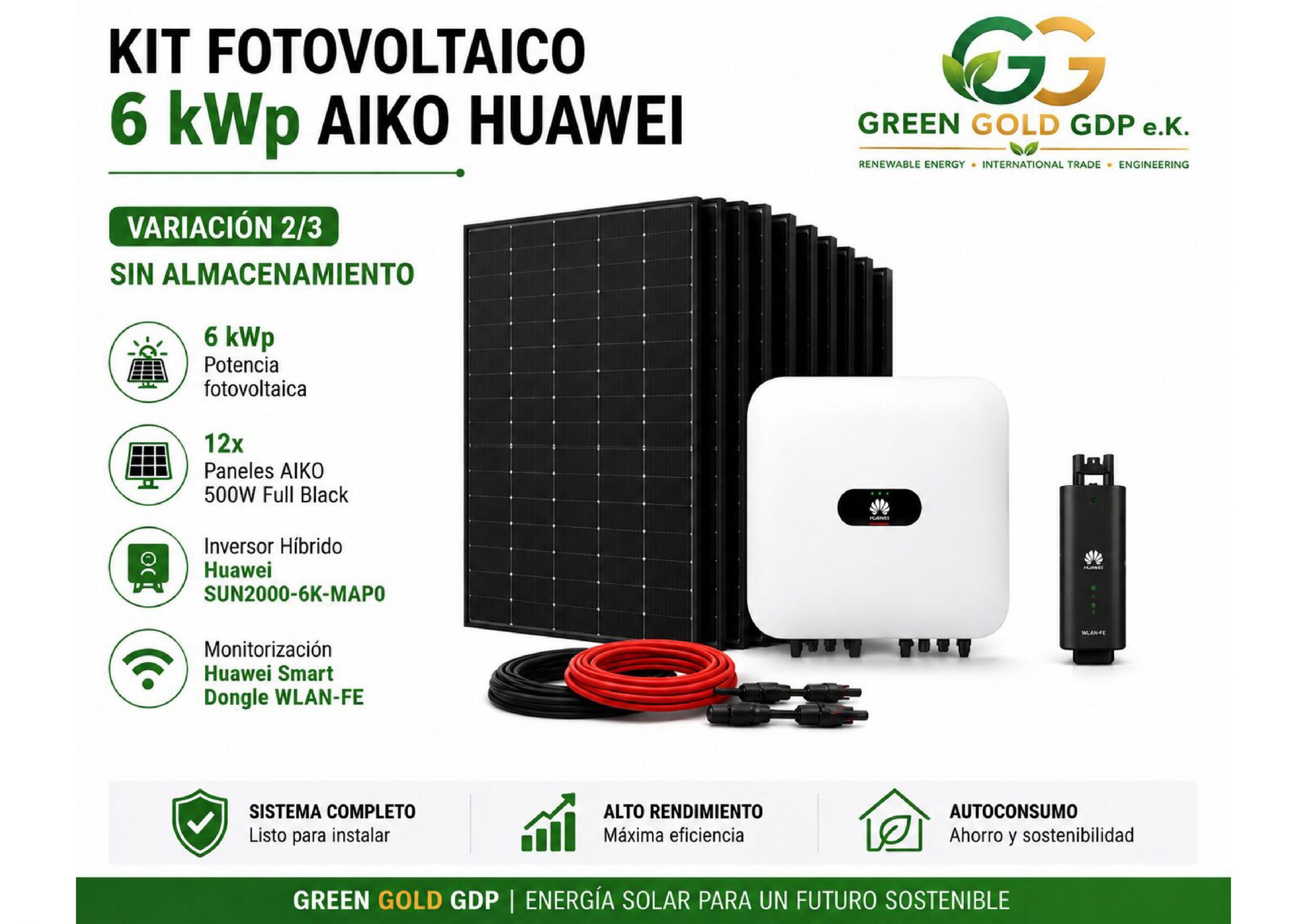 Green Gold GDP | Kit Fotovoltaico 6 kWp – 12× AIKO 500W Full Black + Huawei SUN2000-6K-MAP0 10 » Suministro de sistemas solares y soluciones energéticas para empresas | Exportación internacional Suministro de sistemas solares y soluciones energéticas para empresas | Exportación internacional https://www.greengoldgdp.com/producto/kit-fotovoltaico-6-kwp-aiko-huawei/ Green Gold GDP Sistema solar 6 kWp AIKO Huawei con inversor SUN2000-6K-MAP0 sin batería