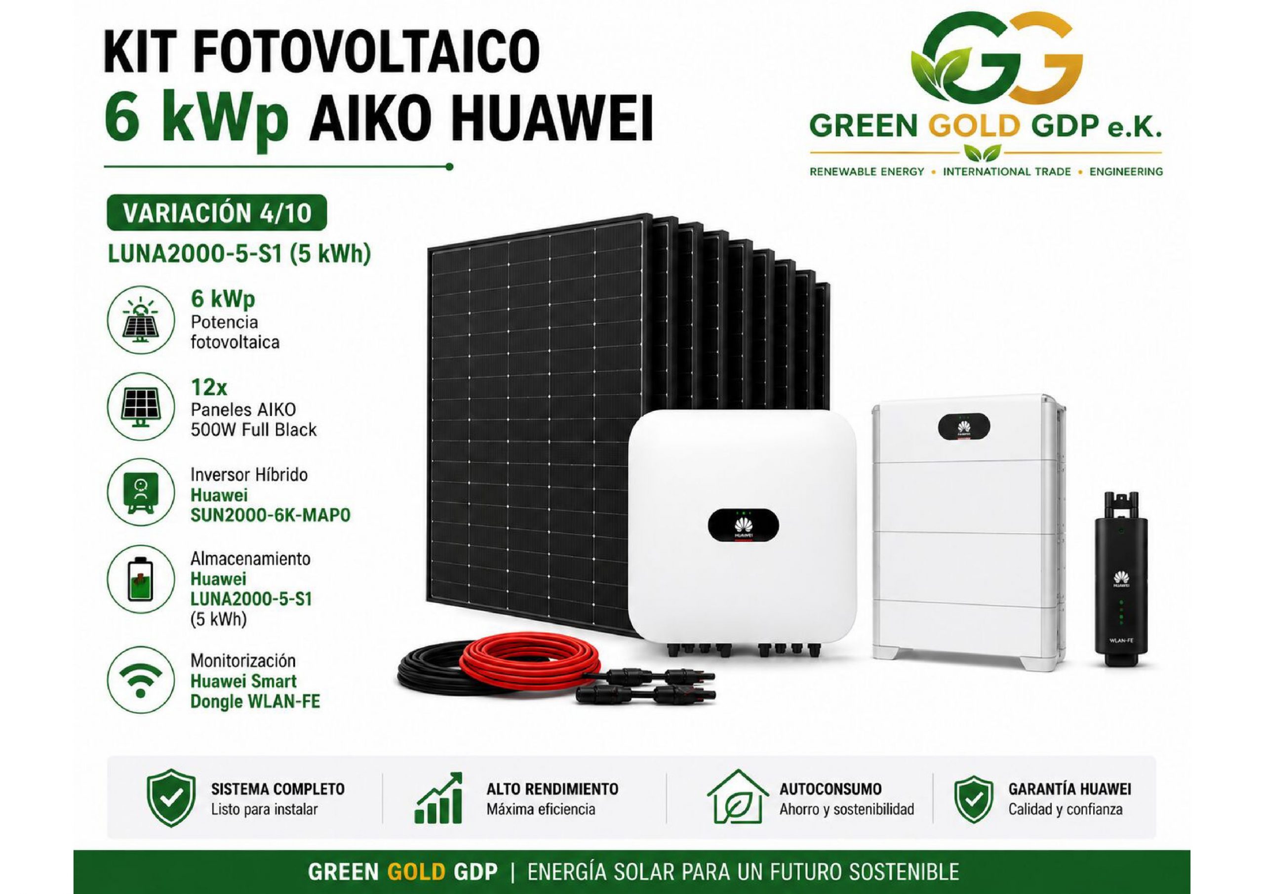 Green Gold GDP | Kit Fotovoltaico 6 kWp – 12× AIKO 500W Full Black + Huawei SUN2000-6K-MAP0 8 » Suministro de sistemas solares y soluciones energéticas para empresas | Exportación internacional Suministro de sistemas solares y soluciones energéticas para empresas | Exportación internacional https://www.greengoldgdp.com/producto/kit-fotovoltaico-6-kwp-aiko-huawei/ Green Gold GDP Kit Fotovoltaico 6 kWp AIKO Huawei con batería LUNA2000 S1