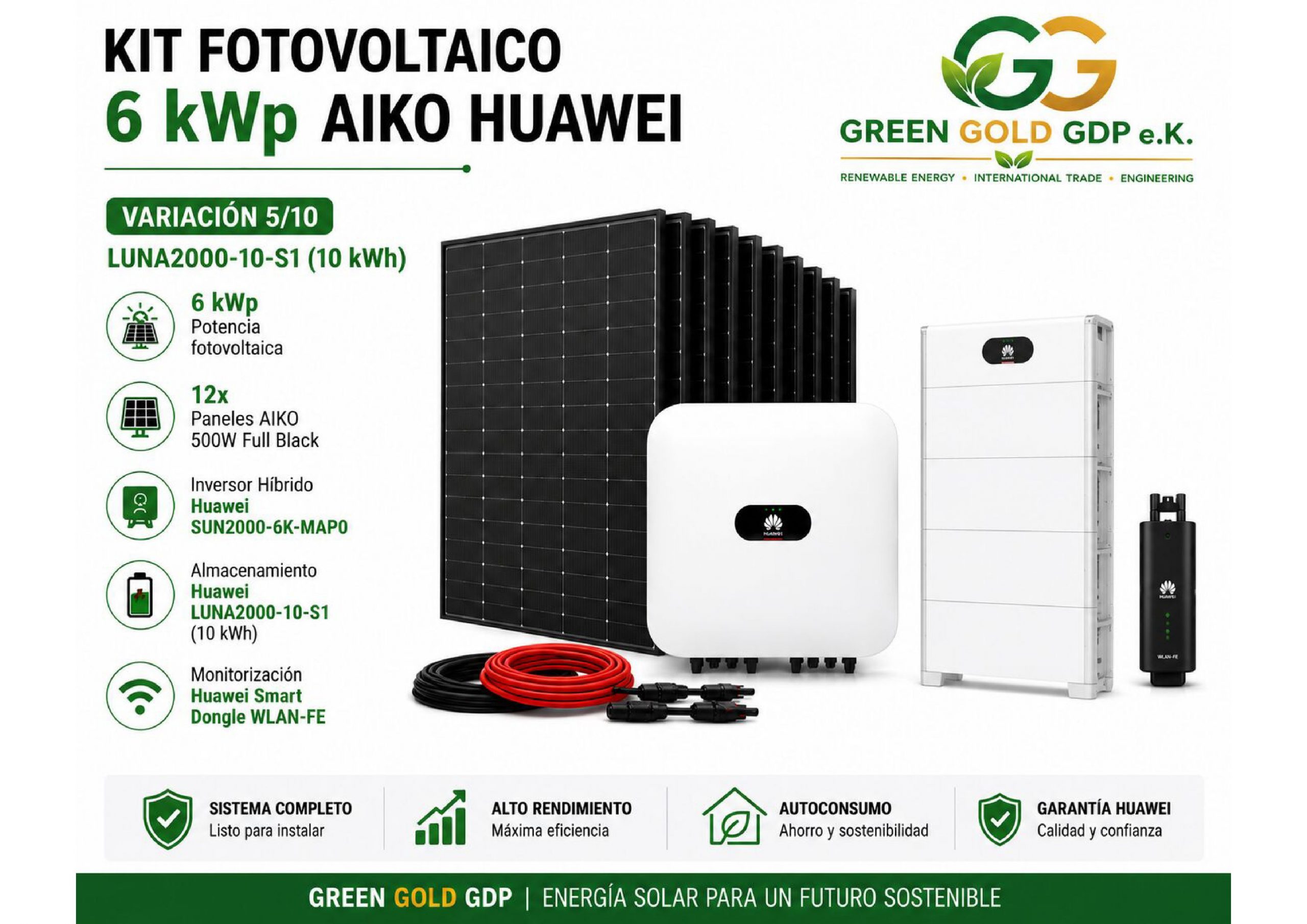 Green Gold GDP | Kit Fotovoltaico 6 kWp – 12× AIKO 500W Full Black + Huawei SUN2000-6K-MAP0 7 » Suministro de sistemas solares y soluciones energéticas para empresas | Exportación internacional Suministro de sistemas solares y soluciones energéticas para empresas | Exportación internacional https://www.greengoldgdp.com/producto/kit-fotovoltaico-6-kwp-aiko-huawei/ Green Gold GDP Kit Fotovoltaico 6 kWp AIKO Huawei con almacenamiento LUNA2000