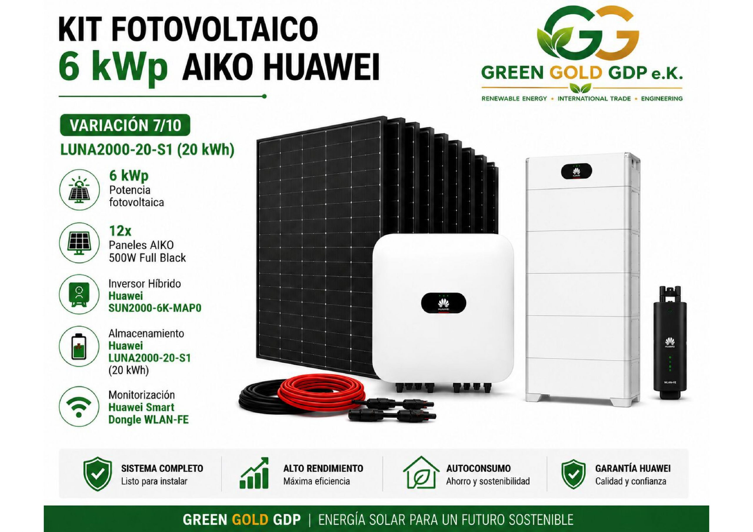 Green Gold GDP | Kit Fotovoltaico 6 kWp – 12× AIKO 500W Full Black + Huawei SUN2000-6K-MAP0 5 » Suministro de sistemas solares y soluciones energéticas para empresas | Exportación internacional Suministro de sistemas solares y soluciones energéticas para empresas | Exportación internacional https://www.greengoldgdp.com/producto/kit-fotovoltaico-6-kwp-aiko-huawei/ Green Gold GDP Kit Fotovoltaico 6 kWp AIKO Huawei con batería LUNA2000 20 kWh