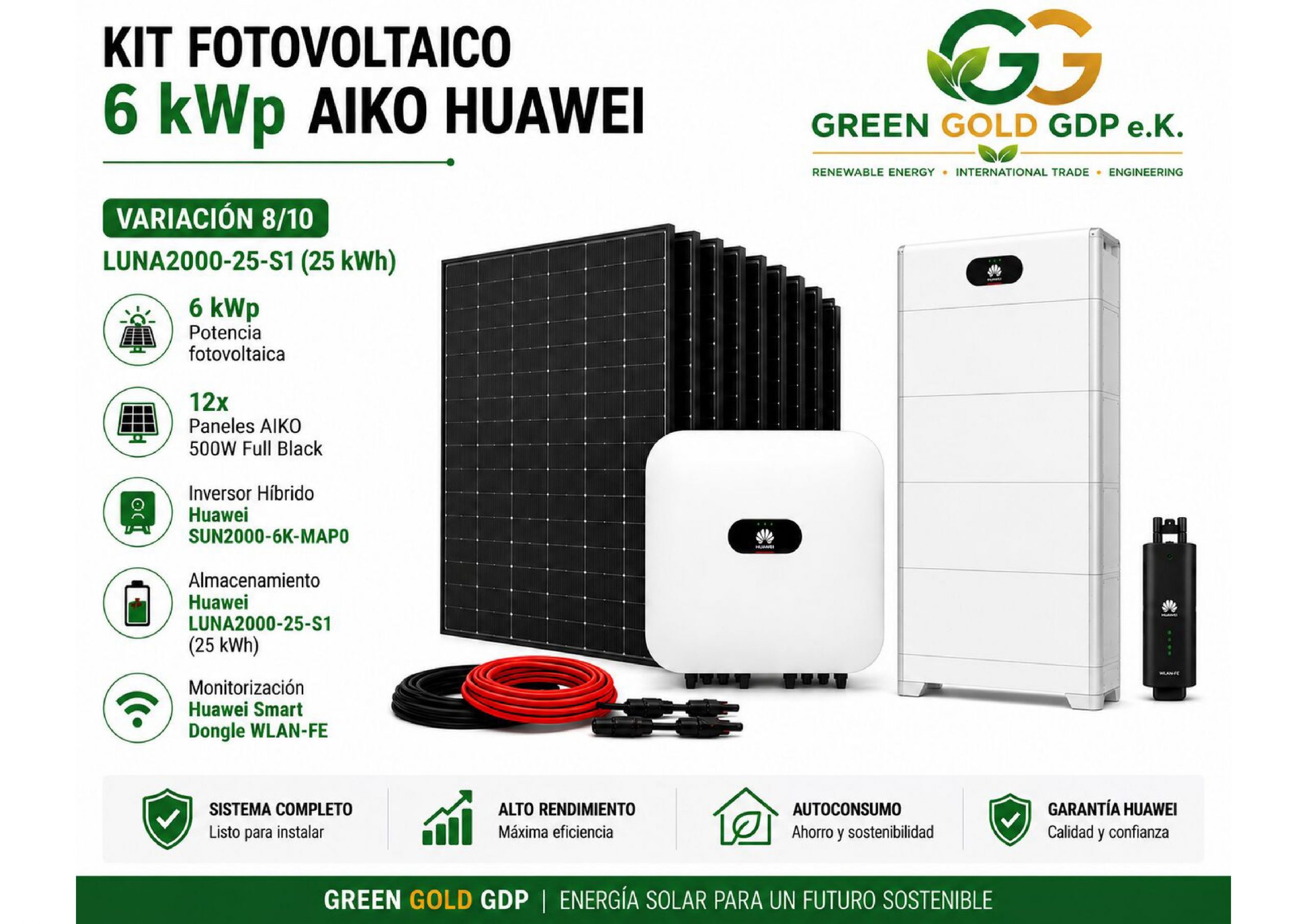 Green Gold GDP | Kit Fotovoltaico 6 kWp – 12× AIKO 500W Full Black + Huawei SUN2000-6K-MAP0 4 » Suministro de sistemas solares y soluciones energéticas para empresas | Exportación internacional Suministro de sistemas solares y soluciones energéticas para empresas | Exportación internacional https://www.greengoldgdp.com/producto/kit-fotovoltaico-6-kwp-aiko-huawei/ Green Gold GDP Kit Fotovoltaico 6 kWp AIKO Huawei con batería LUNA2000 25 kWh