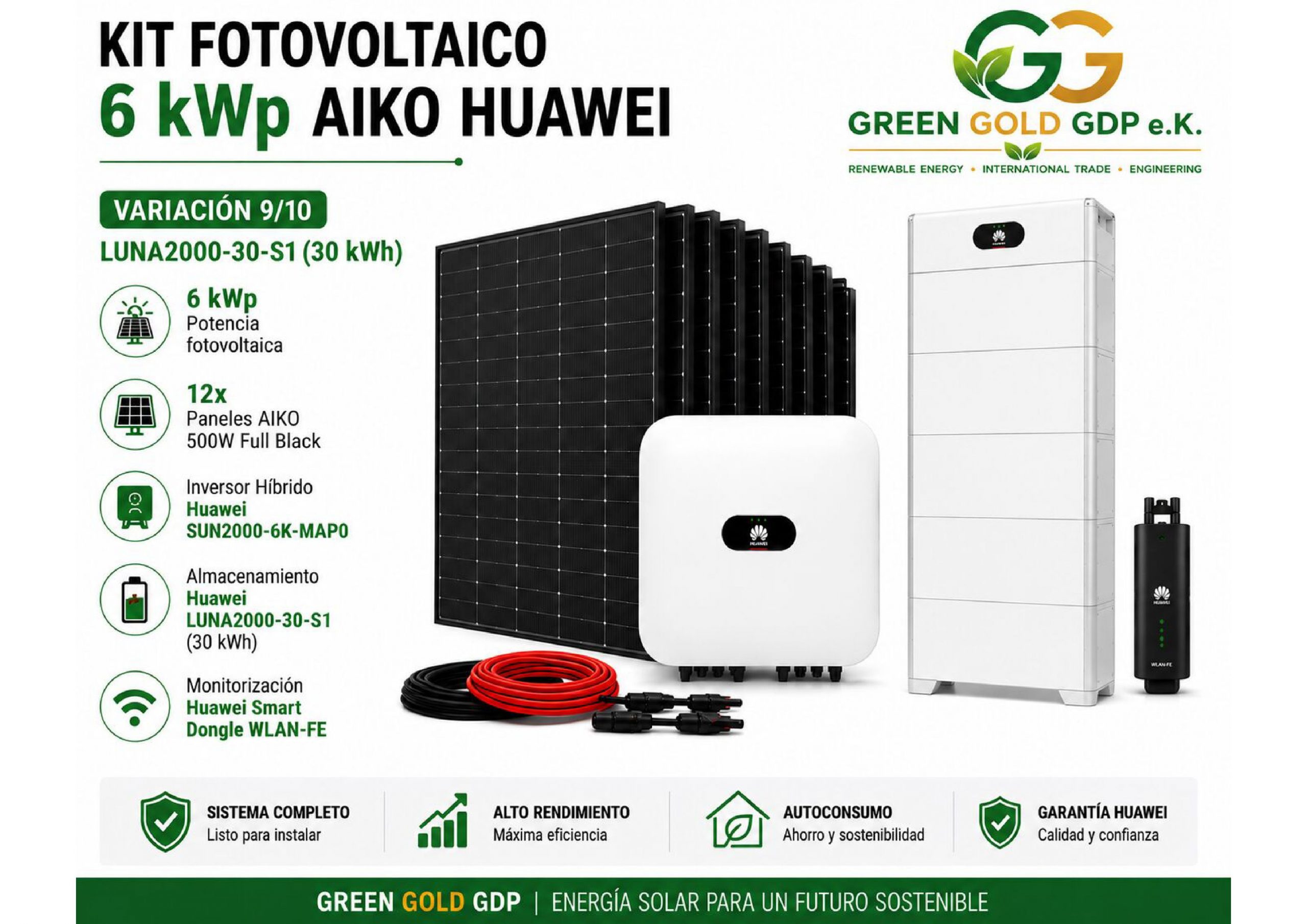 Green Gold GDP | Kit Fotovoltaico 6 kWp – 12× AIKO 500W Full Black + Huawei SUN2000-6K-MAP0 3 » Suministro de sistemas solares y soluciones energéticas para empresas | Exportación internacional Suministro de sistemas solares y soluciones energéticas para empresas | Exportación internacional https://www.greengoldgdp.com/producto/kit-fotovoltaico-6-kwp-aiko-huawei/ Green Gold GDP Kit Fotovoltaico 6 kWp AIKO Huawei con batería LUNA2000 30 kWh