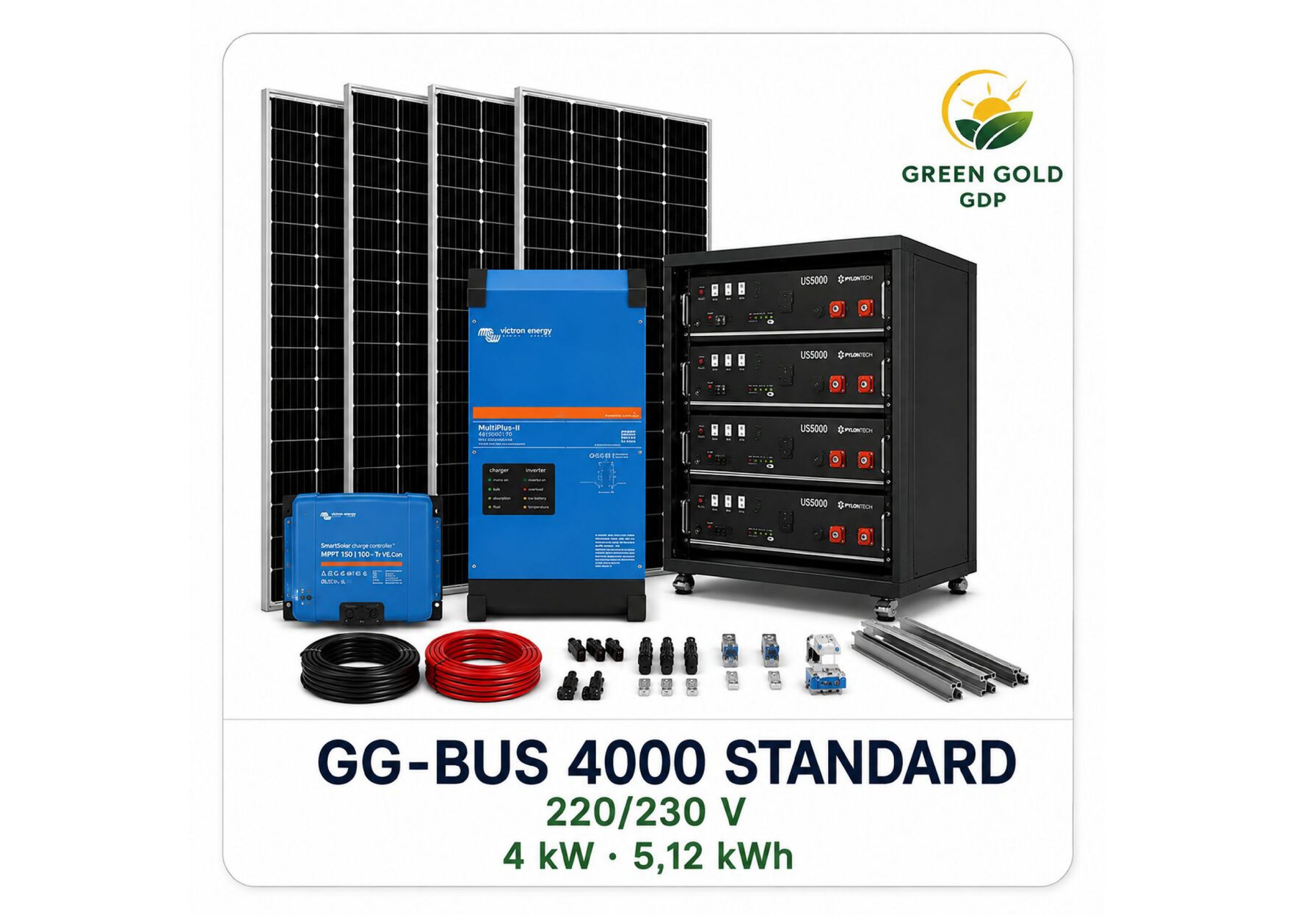 GG-BUS 4000 STANDARD | Sistema Victron 4 kW · 5,12 kWh 1 » Suministro de sistemas solares y soluciones energéticas para empresas | Exportación internacional Suministro de sistemas solares y soluciones energéticas para empresas | Exportación internacional https://www.greengoldgdp.com/producto/gg-bus-4000-standard/ Green Gold GDP GG-BUS 4000 STANDARD sistema Victron 4 kW con batería Pytes 5,12 kWh