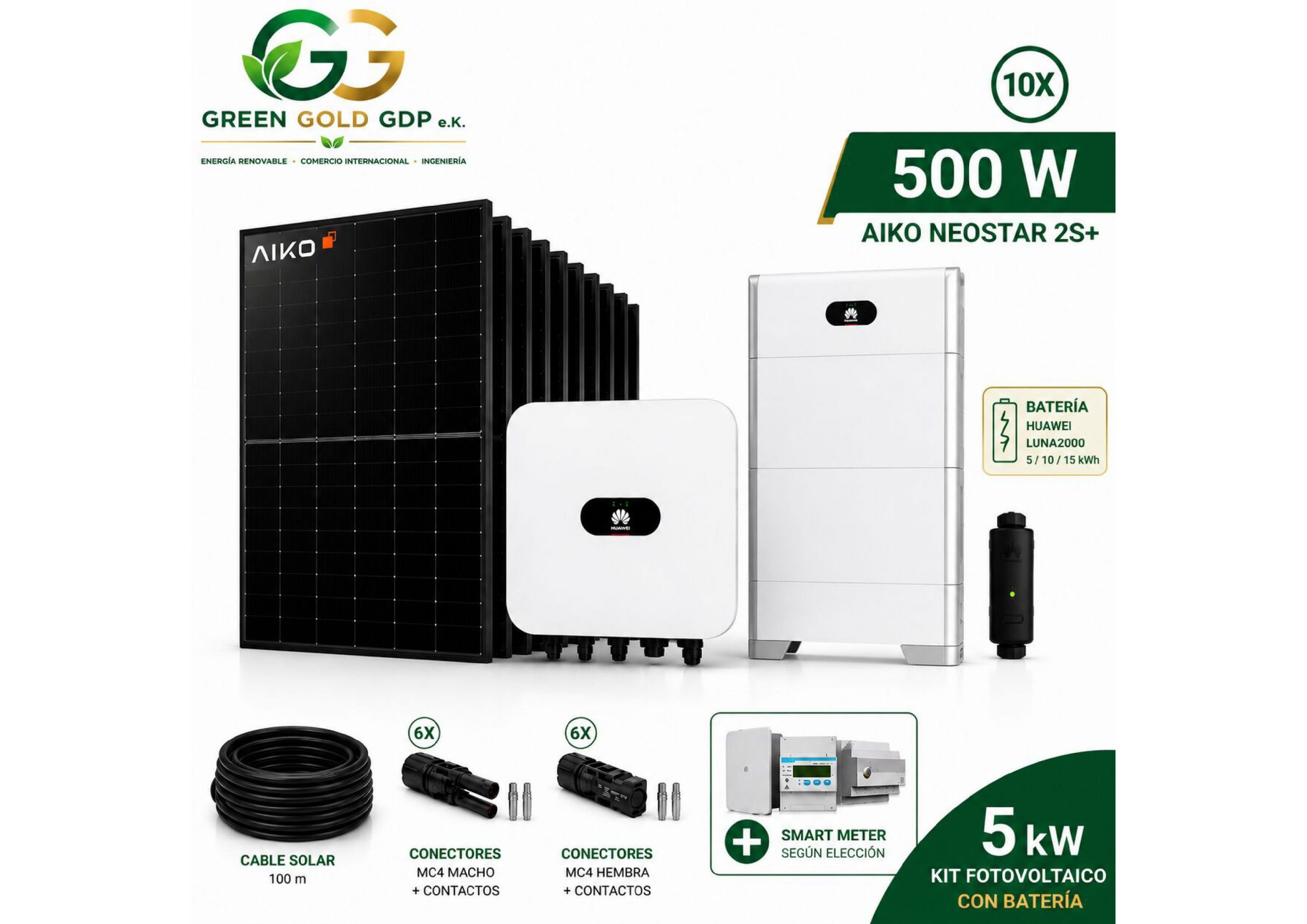 Green Gold GDP | Kit Fotovoltaico 5 kWp – 10× AIKO 500W Full Black + Huawei SUN2000-5K-MAP0 10 » Suministro de sistemas solares y soluciones energéticas para empresas | Exportación internacional Suministro de sistemas solares y soluciones energéticas para empresas | Exportación internacional https://www.greengoldgdp.com/producto/kit-fotovoltaico-5-kwp-aiko-huawei/ Green Gold GDP Kit fotovoltaico 5 kW AIKO Neostar 2S+ con inversor Huawei SUN2000-5K-MAP0