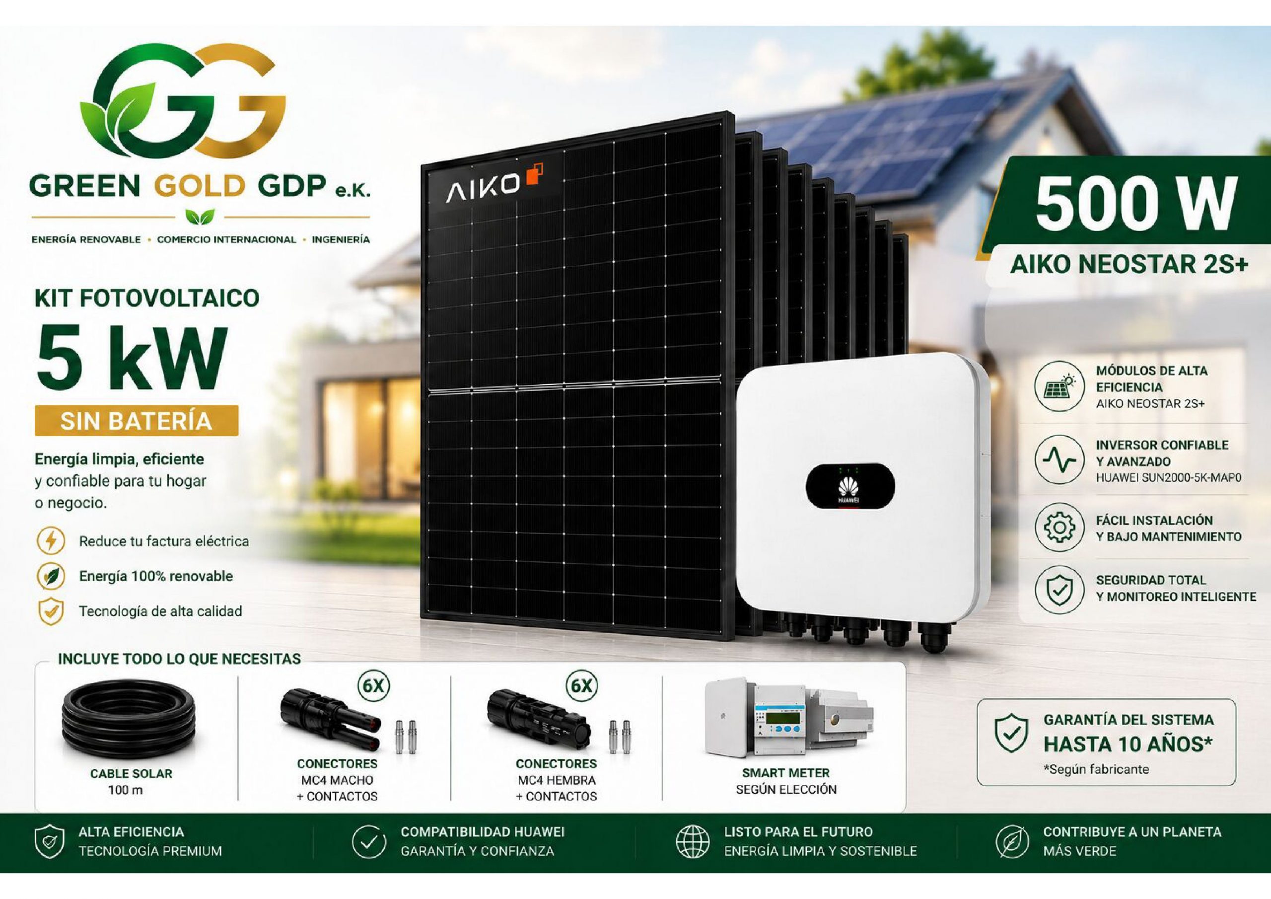 Green Gold GDP | Kit Fotovoltaico 5 kWp – 10× AIKO 500W Full Black + Huawei SUN2000-5K-MAP0 1 » Suministro de sistemas solares y soluciones energéticas para empresas | Exportación internacional Suministro de sistemas solares y soluciones energéticas para empresas | Exportación internacional https://www.greengoldgdp.com/producto/kit-fotovoltaico-5-kwp-aiko-huawei/ Green Gold GDP Kit Fotovoltaico 5 kWp AIKO Huawei