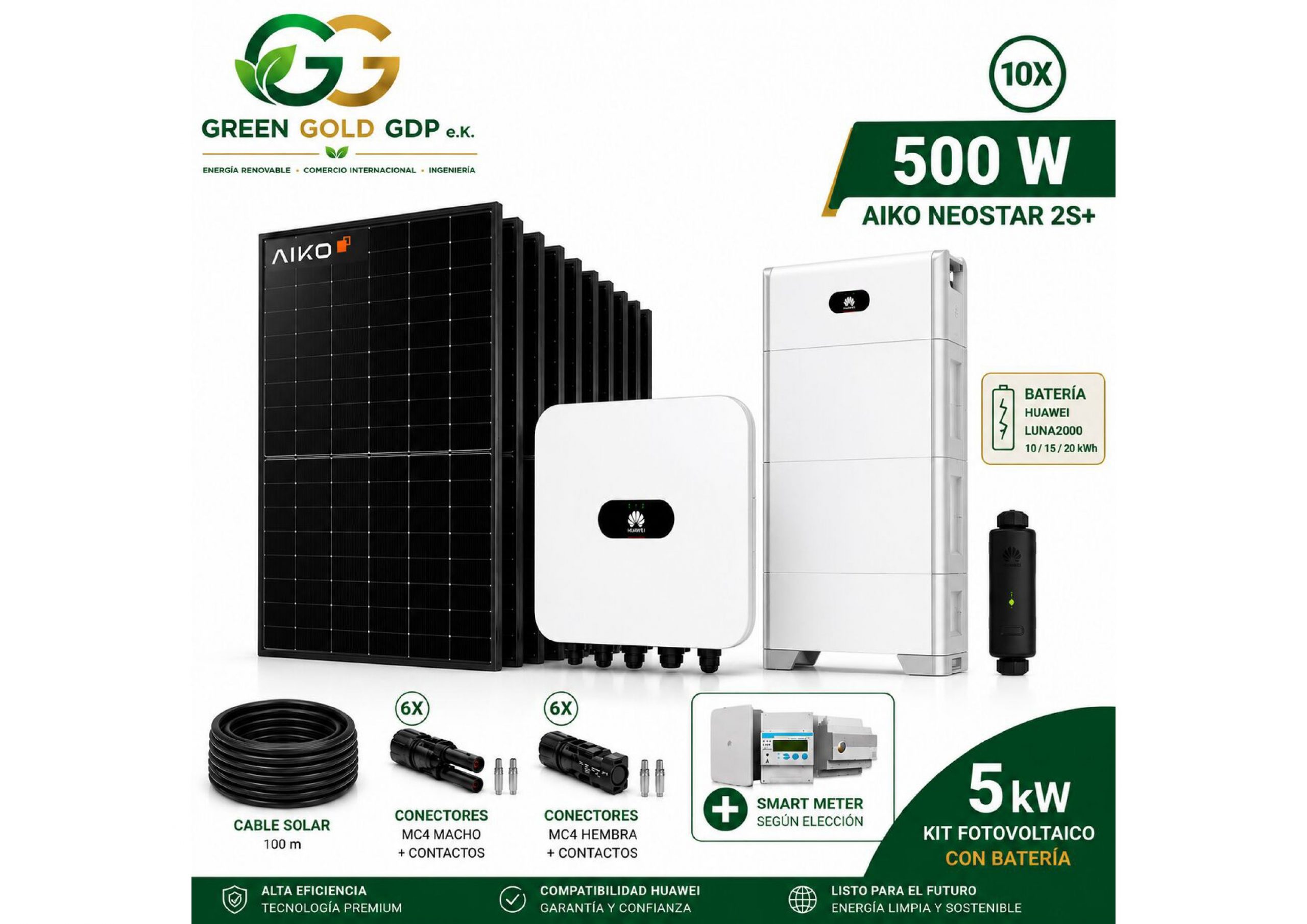 Green Gold GDP | Kit Fotovoltaico 5 kWp – 10× AIKO 500W Full Black + Huawei SUN2000-5K-MAP0 8 » Suministro de sistemas solares y soluciones energéticas para empresas | Exportación internacional Suministro de sistemas solares y soluciones energéticas para empresas | Exportación internacional https://www.greengoldgdp.com/producto/kit-fotovoltaico-5-kwp-aiko-huawei/ Green Gold GDP Kit solar AIKO Huawei 5 kW con almacenamiento de energía LUNA2000