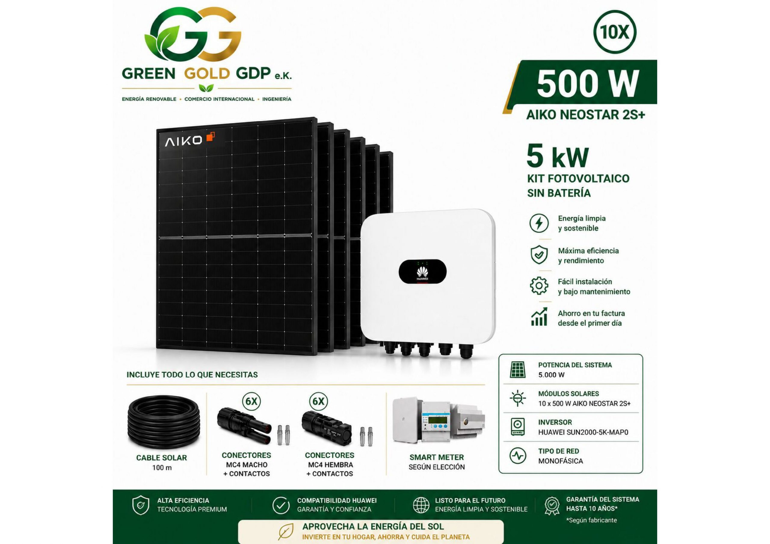 Green Gold GDP | Kit Fotovoltaico 5 kWp – 10× AIKO 500W Full Black + Huawei SUN2000-5K-MAP0 7 » Suministro de sistemas solares y soluciones energéticas para empresas | Exportación internacional Suministro de sistemas solares y soluciones energéticas para empresas | Exportación internacional https://www.greengoldgdp.com/producto/kit-fotovoltaico-5-kwp-aiko-huawei/ Green Gold GDP Kit fotovoltaico residencial 5 kW AIKO Huawei con almacenamiento LUNA2000