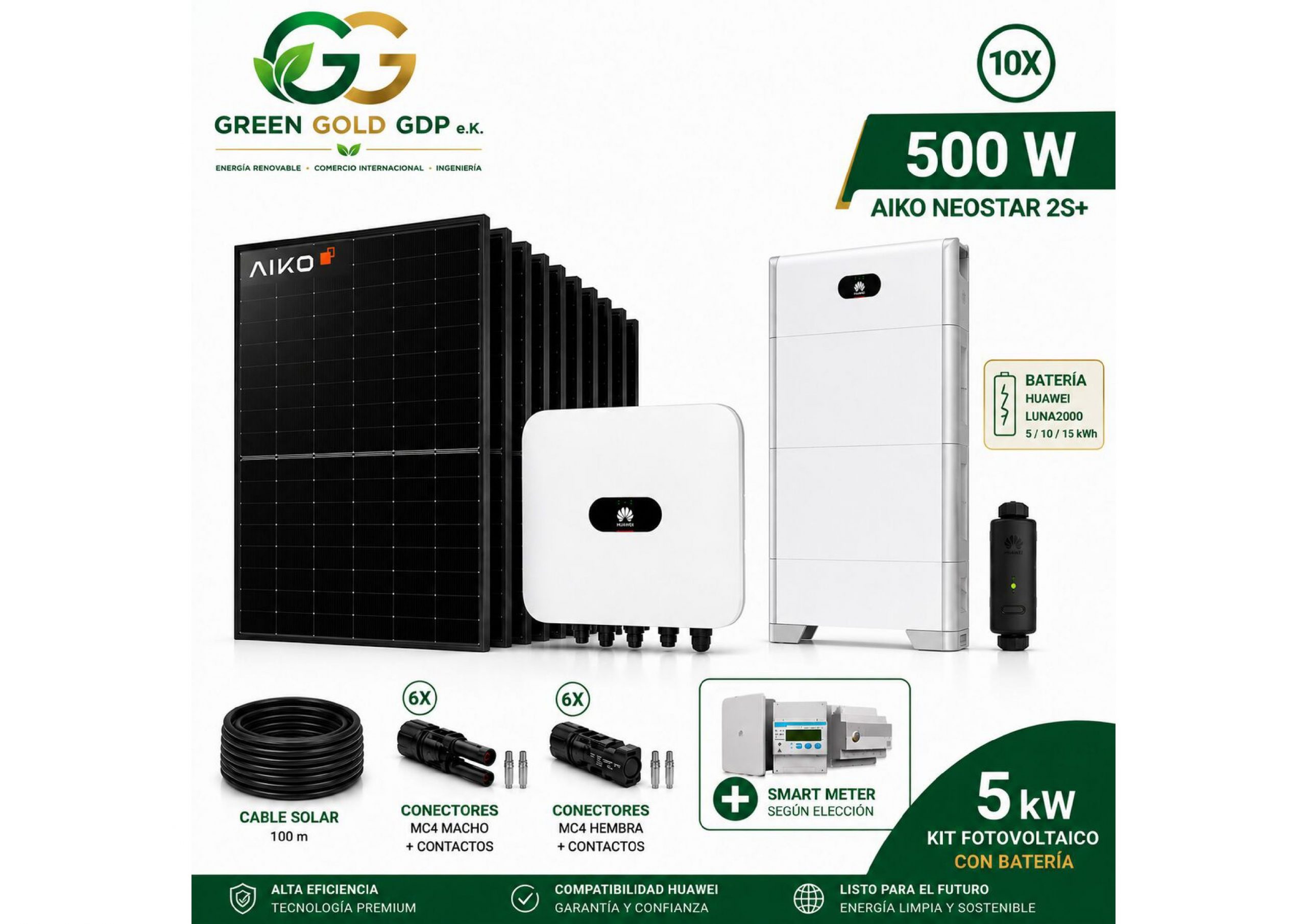 Green Gold GDP | Kit Fotovoltaico 5 kWp – 10× AIKO 500W Full Black + Huawei SUN2000-5K-MAP0 6 » Suministro de sistemas solares y soluciones energéticas para empresas | Exportación internacional Suministro de sistemas solares y soluciones energéticas para empresas | Exportación internacional https://www.greengoldgdp.com/producto/kit-fotovoltaico-5-kwp-aiko-huawei/ Green Gold GDP Kit fotovoltaico 5 kW AIKO Huawei con batería Huawei LUNA2000