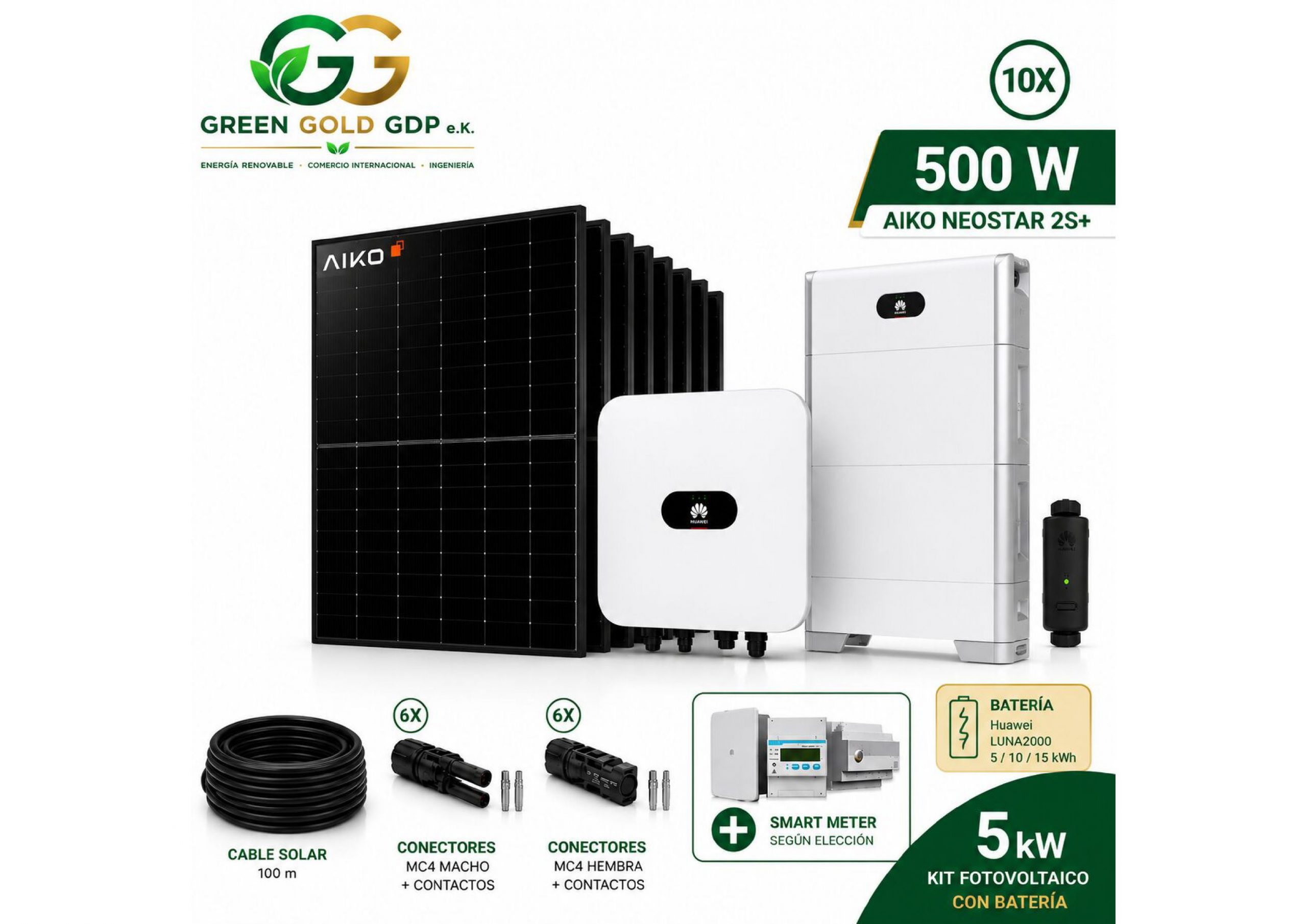 Green Gold GDP | Kit Fotovoltaico 5 kWp – 10× AIKO 500W Full Black + Huawei SUN2000-5K-MAP0 5 » Suministro de sistemas solares y soluciones energéticas para empresas | Exportación internacional Suministro de sistemas solares y soluciones energéticas para empresas | Exportación internacional https://www.greengoldgdp.com/producto/kit-fotovoltaico-5-kwp-aiko-huawei/ Green Gold GDP Kit solar 5 kW sin batería con paneles AIKO 500 W e inversor Huawei