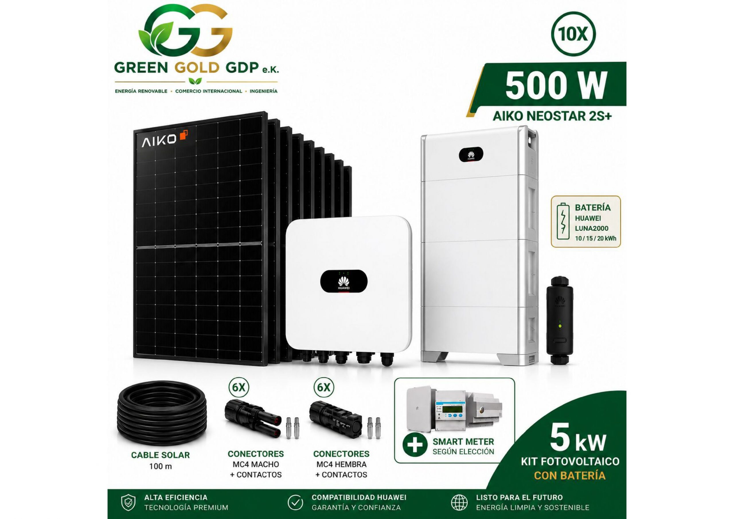 Green Gold GDP | Kit Fotovoltaico 5 kWp – 10× AIKO 500W Full Black + Huawei SUN2000-5K-MAP0 4 » Suministro de sistemas solares y soluciones energéticas para empresas | Exportación internacional Suministro de sistemas solares y soluciones energéticas para empresas | Exportación internacional https://www.greengoldgdp.com/producto/kit-fotovoltaico-5-kwp-aiko-huawei/ Green Gold GDP Sistema solar 5 kW AIKO con inversor Huawei y batería LUNA2000