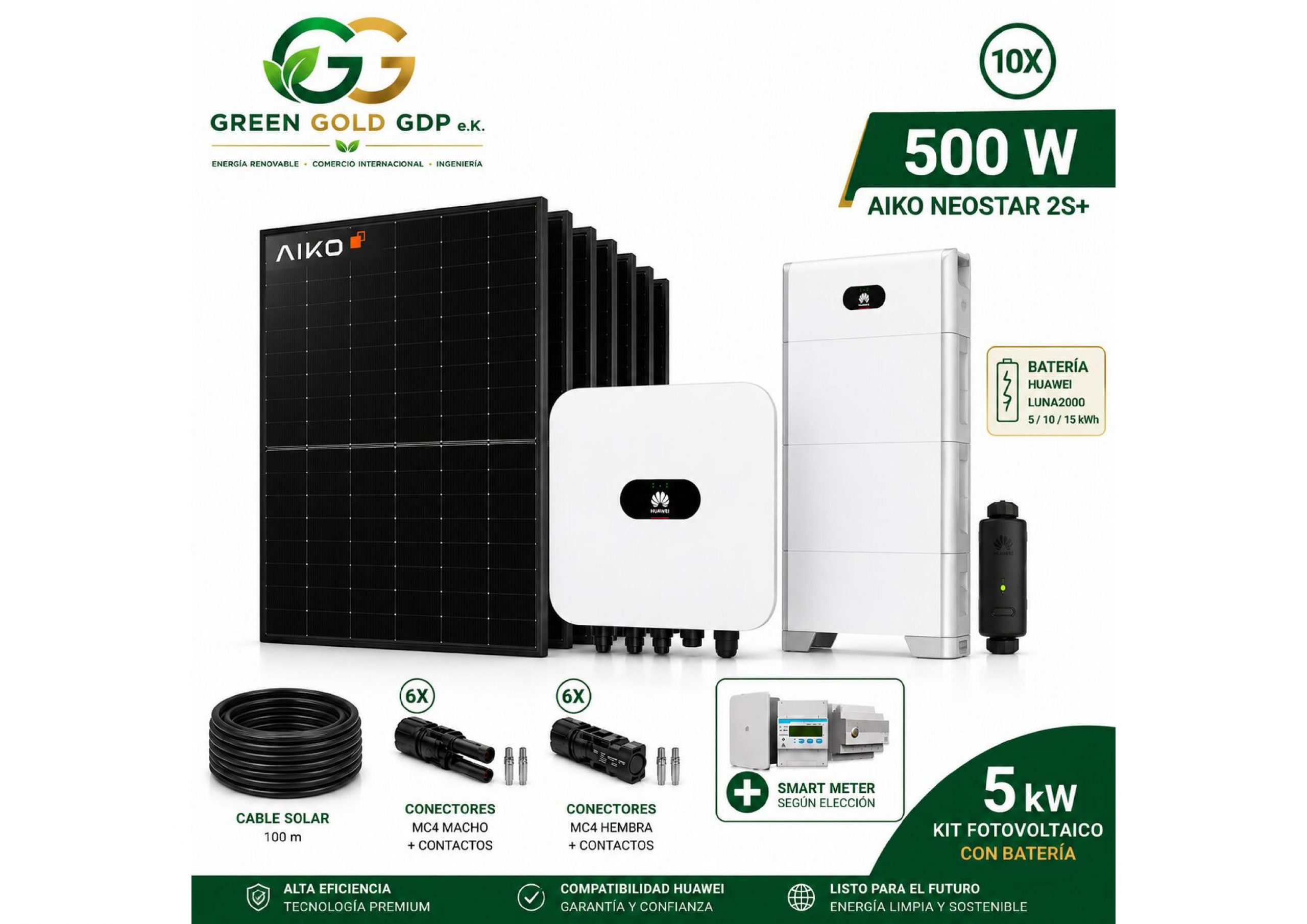 Green Gold GDP | Kit Fotovoltaico 5 kWp – 10× AIKO 500W Full Black + Huawei SUN2000-5K-MAP0 2 » Suministro de sistemas solares y soluciones energéticas para empresas | Exportación internacional Suministro de sistemas solares y soluciones energéticas para empresas | Exportación internacional https://www.greengoldgdp.com/producto/kit-fotovoltaico-5-kwp-aiko-huawei/ Green Gold GDP Sistema fotovoltaico AIKO Huawei 5 kW con 10 módulos solares de 500 W
