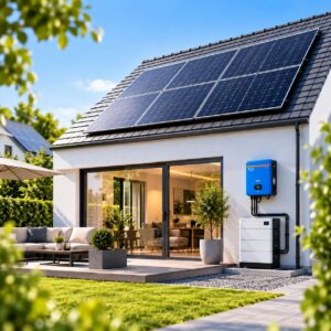 Casa con sistema solar fotovoltaico, inversor y batería de almacenamiento