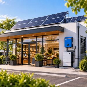 Negocio con sistema solar fotovoltaico, inversor y batería de almacenamiento