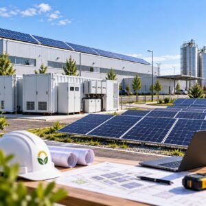 Proyecto solar industrial con paneles fotovoltaicos y sistema de almacenamiento energético