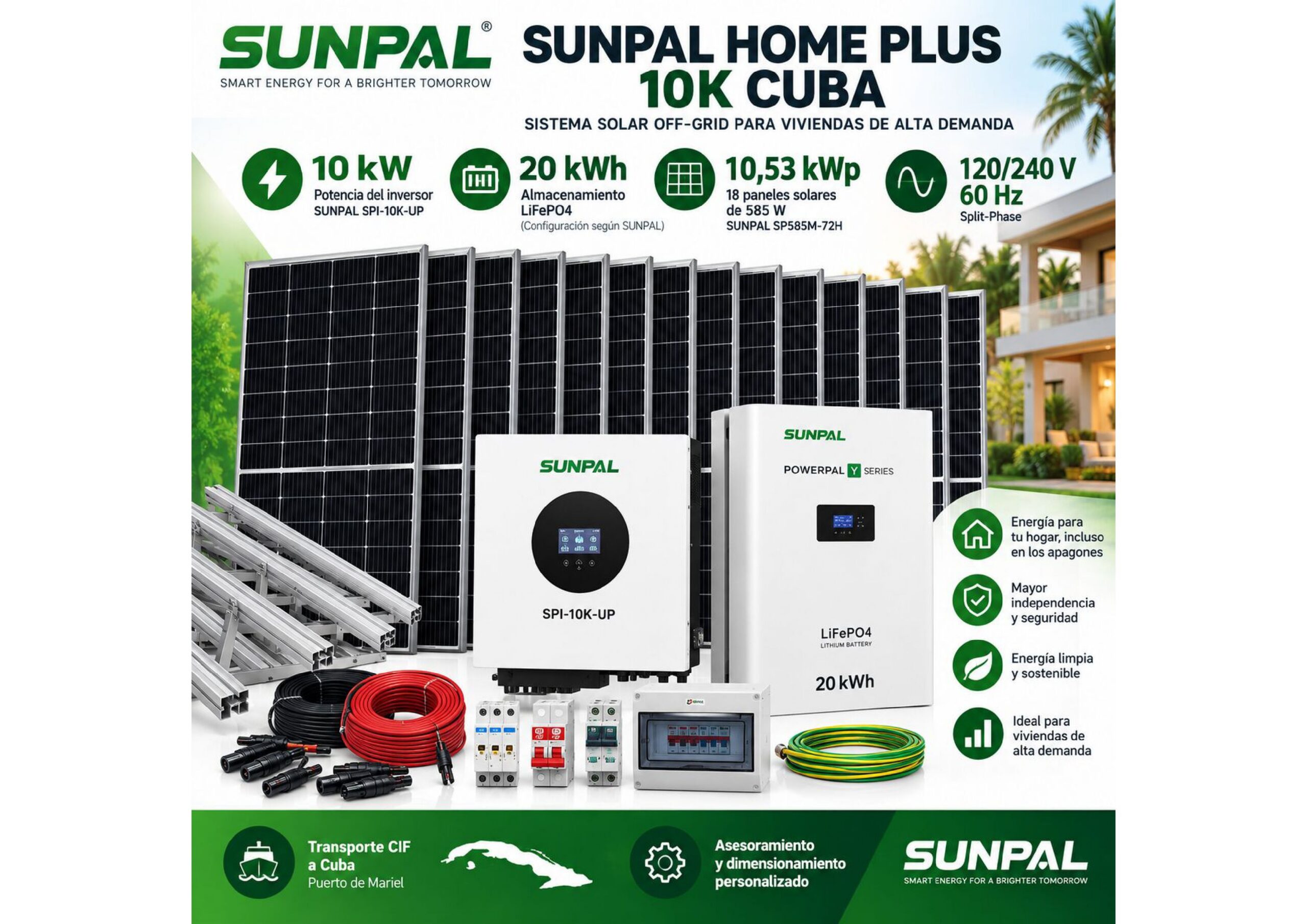 SUNPAL HOME PLUS 10K CUBA | 10 kW · 20 kWh · 10,53 kWp | 120/240 V · 60 Hz 1 » International Import & Export • Solar Energy • Food • Construction • Hotels International Import & Export • Solar Energy • Food • Construction • Hotels https://www.greengoldgdp.com/producto/sunpal-home-plus-10k-cuba/ Green Gold GDP | Import & Export GDP e.K SUNPAL HOME PLUS 10K CUBA sistema solar 10 kW 20 kWh 10,53 kWp