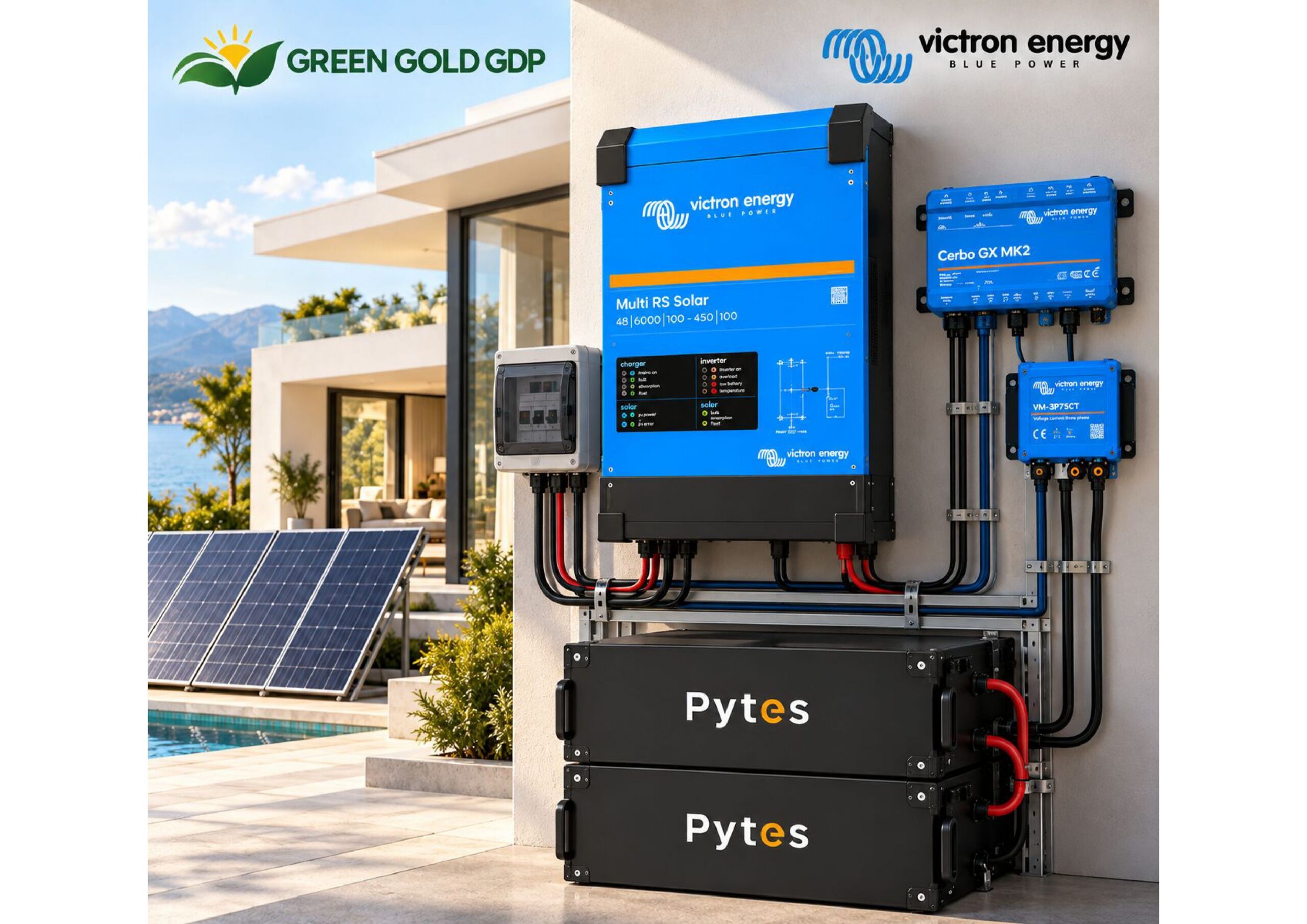 GG-BUS 4800 PREMIUM | Sistema Victron 4,8 kW · 10,24 kWh 6 » Suministro de sistemas solares y soluciones energéticas para empresas | Exportación internacional Suministro de sistemas solares y soluciones energéticas para empresas | Exportación internacional https://www.greengoldgdp.com/producto/gg-bus-4800-premium/ Green Gold GDP Instalación GG-BUS 4800 PREMIUM con Victron Multi RS Solar, Cerbo GX MK2 y baterías Pytes