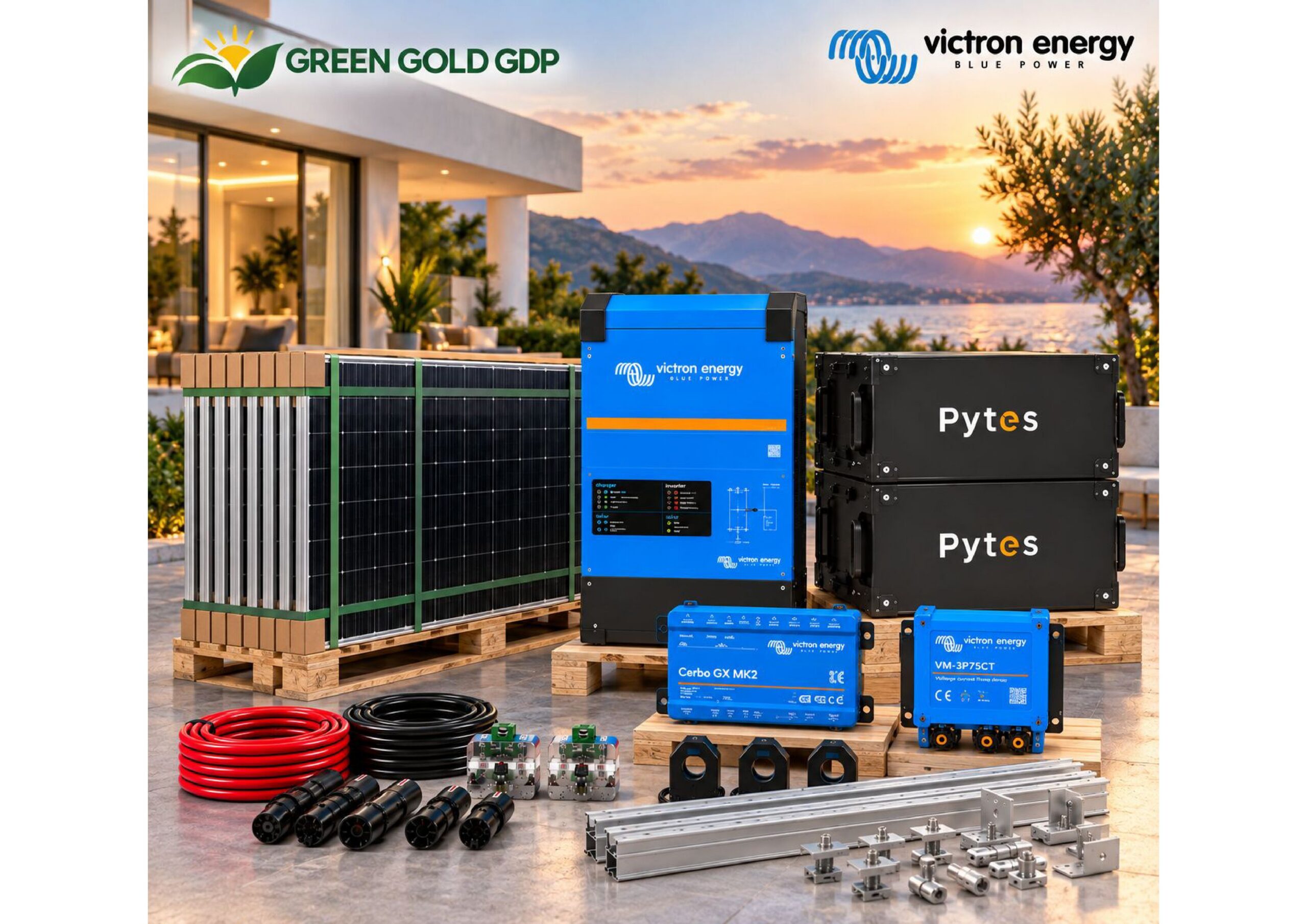 GG-BUS 4800 PREMIUM | Sistema Victron 4,8 kW · 10,24 kWh 5 » Suministro de sistemas solares y soluciones energéticas para empresas | Exportación internacional Suministro de sistemas solares y soluciones energéticas para empresas | Exportación internacional https://www.greengoldgdp.com/producto/gg-bus-4800-premium/ Green Gold GDP Kit solar GG-BUS 4800 PREMIUM con paneles, Victron Multi RS Solar y baterías Pytes