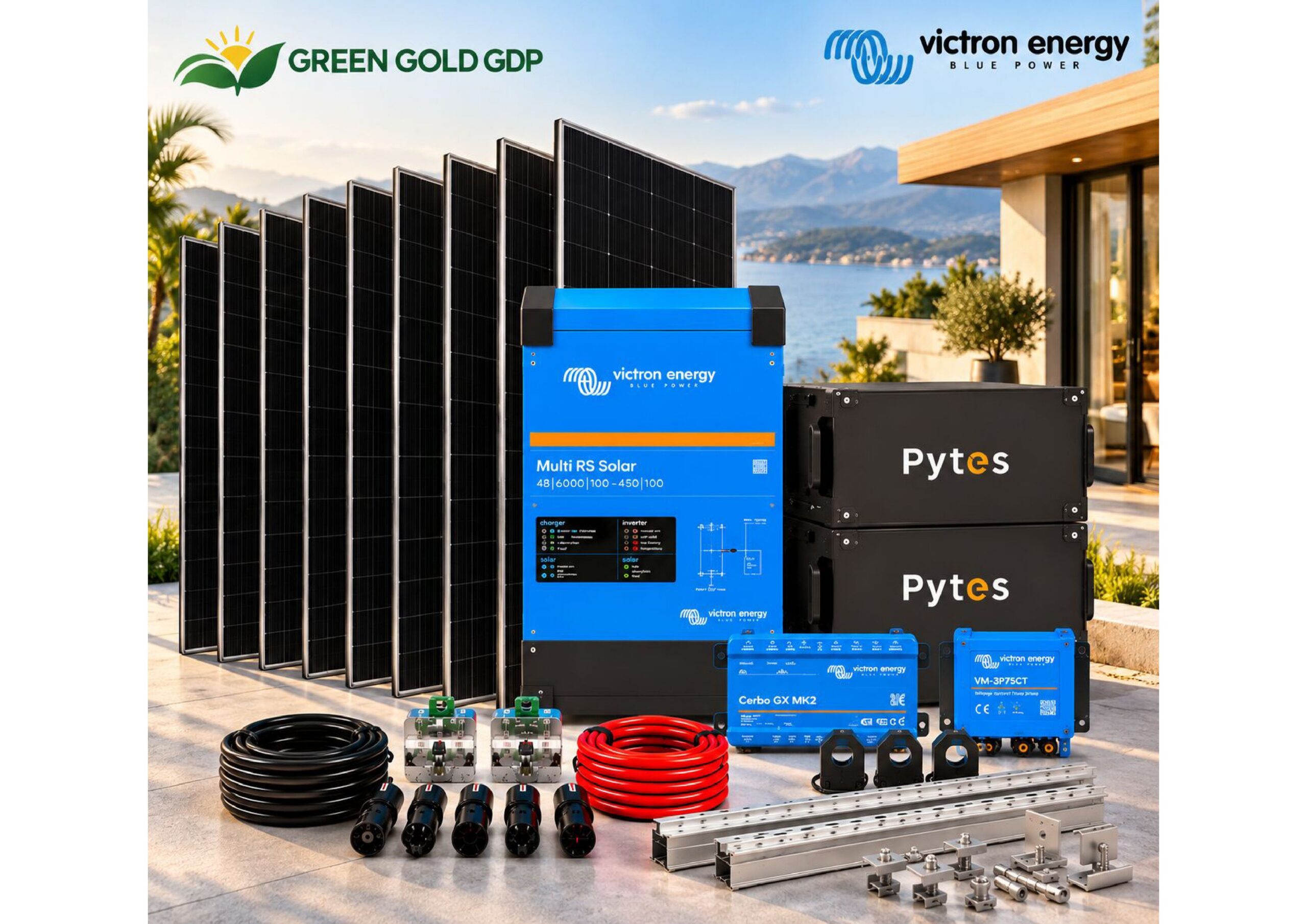 GG-BUS 4800 PREMIUM | Sistema Victron 4,8 kW · 10,24 kWh 4 » Suministro de sistemas solares y soluciones energéticas para empresas | Exportación internacional Suministro de sistemas solares y soluciones energéticas para empresas | Exportación internacional https://www.greengoldgdp.com/producto/gg-bus-4800-premium/ Green Gold GDP Kit solar GG-BUS 4800 PREMIUM con paneles, Victron Multi RS Solar y baterías Pytes