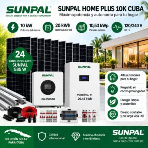 SUNPAL HOME PLUS 10K CUBA con sistema solar de 10 kW, batería de 20 kWh y 18 paneles solares